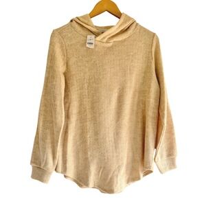 LOFT Womens Beige Ribbed Knit Crossover Hoodie Curved Hem Sweater Size M NEW